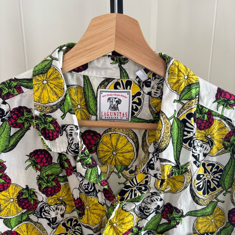 Lagunitas Brewing Hawaiian Shirt Fruit Dog Print Men’s L Button Up Cotton